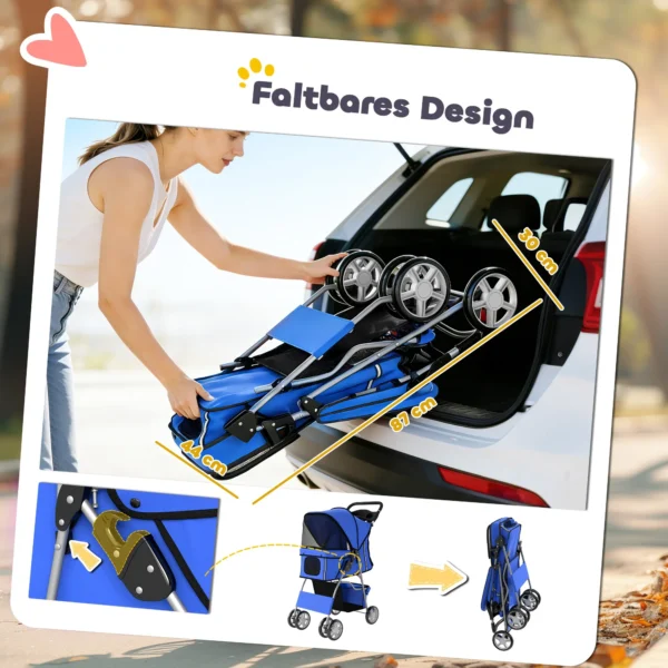 Opvouwbare Hondenwagen Katwagen Tot 10kg Met Regenbescherming Reflecterende Strepen Opbergmand 77x44x102cm Blauw