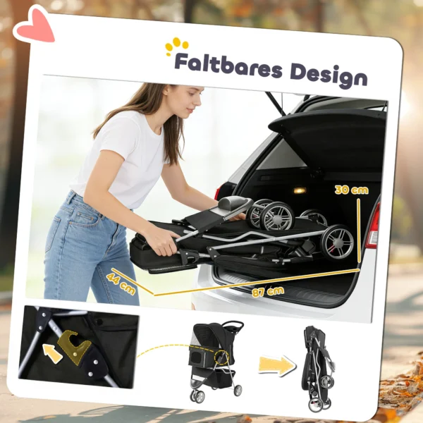 Opvouwbare Hondenwagen Met Opslagmand, Kussen, Netvenster, Drankhouder Voor Kleine Honden Tot 10kg Zwart