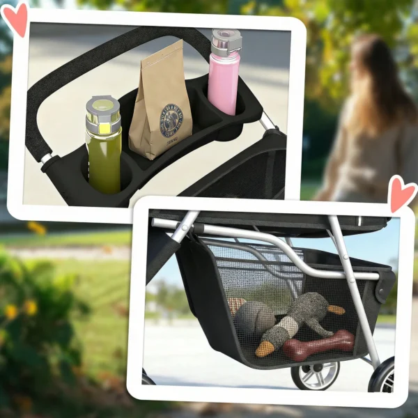 Opvouwbare Hondenwagen Met Opslagmand, Kussen, Netvenster, Drankhouder Voor Kleine Honden Tot 10kg Zwart