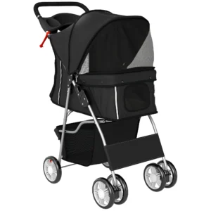 Opvouwbare Hondenwagen Met Reflecterende Strepen, Opbergmand En Kussen Voor Kleine Honden Tot 10 Kg 77x44x102 Cm Zwart