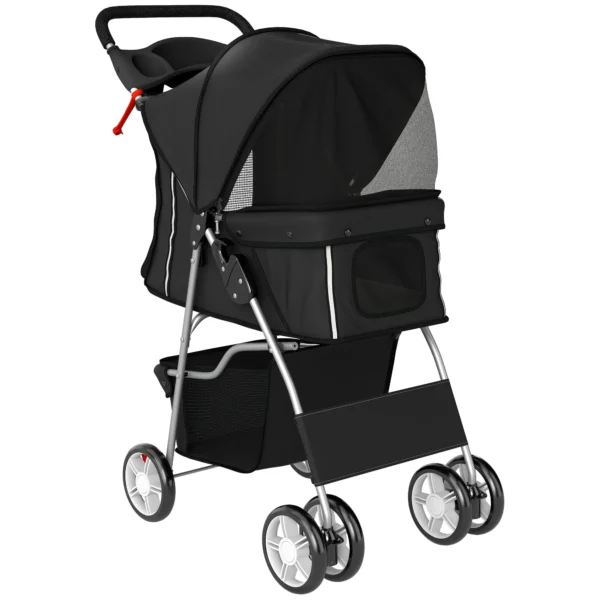 Opvouwbare Hondenwagen Met Reflecterende Strepen, Opbergmand En Kussen Voor Kleine Honden Tot 10 Kg 77x44x102 Cm Zwart