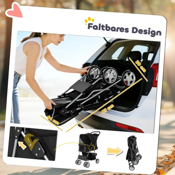 Opvouwbare Hondenwagen Met Reflecterende Strepen, Opbergmand En Kussen Voor Kleine Honden Tot 10 Kg 77x44x102 Cm Zwart