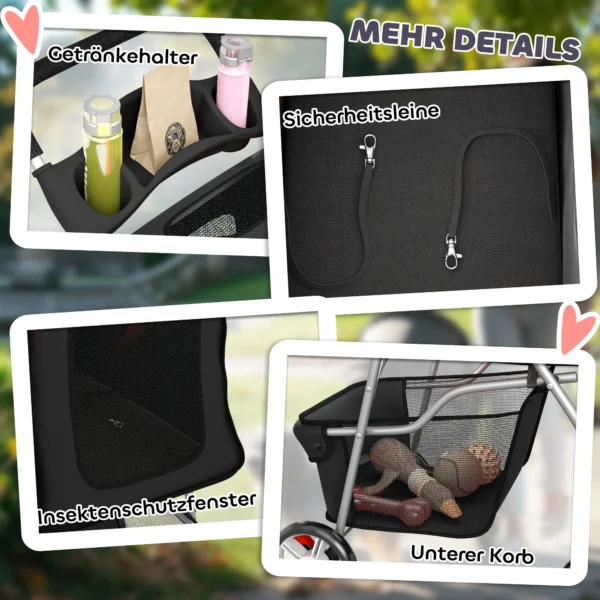 Opvouwbare Hondenwagen Met Reflecterende Strepen, Opbergmand En Kussen Voor Kleine Honden Tot 10 Kg 77x44x102 Cm Zwart