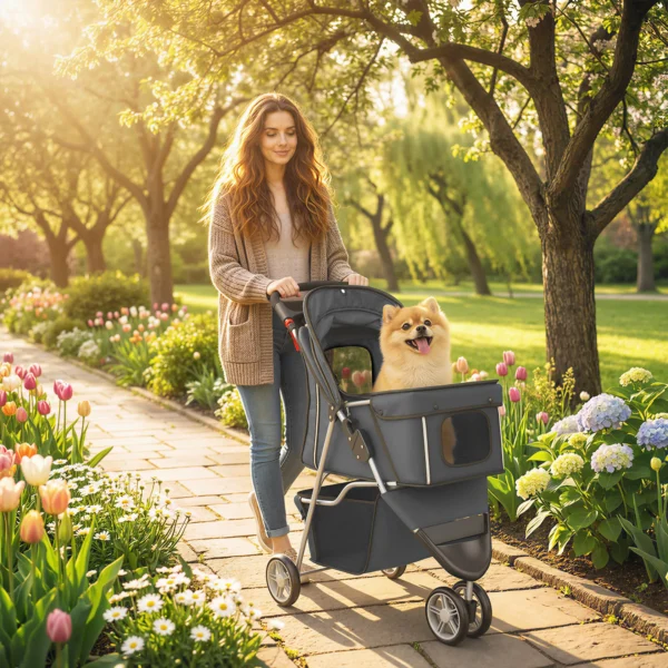 Opvouwbare Hondenwagen Met Verstelbaar Zonnescherm, Opbergmand, Voor Kleine Honden Tot 10kg, 77 X 44 X 102 Cm Donkergrijs