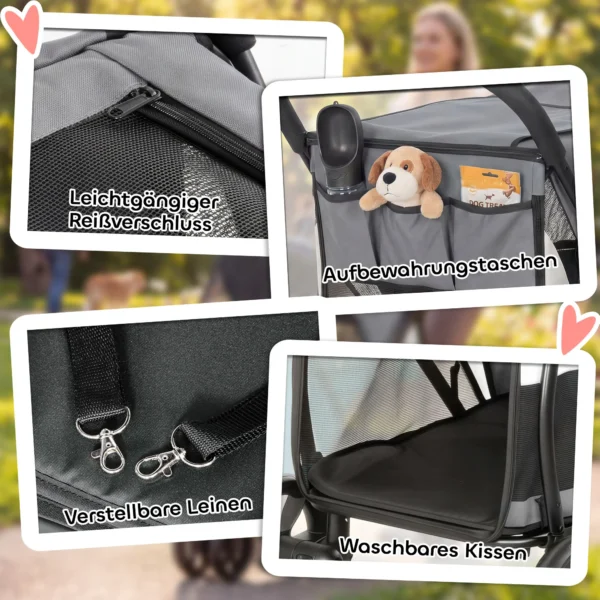 Opvouwbare Hondenwagen Met Wasbaar Kussen, Netvensters, 3 Wielen, Voor Middelgrote Honden Tot 20 Kg, Grijs
