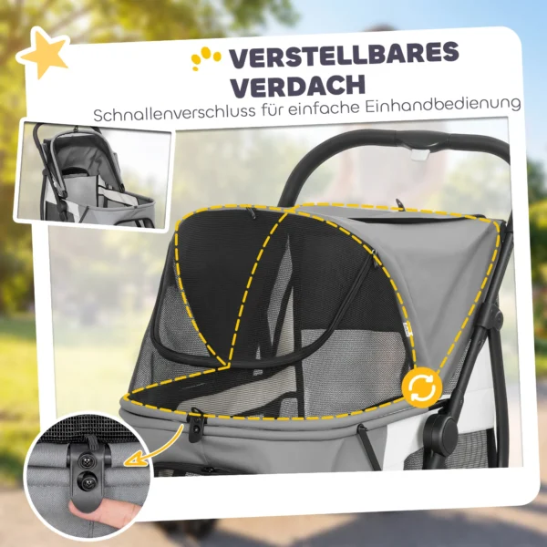 Opvouwbare Hondenwagen Met Wasbaar Kussen, Netvensters, 3 Wielen, Voor Middelgrote Honden Tot 20 Kg, Grijs