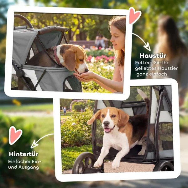 Opvouwbare Hondenwagen Met Wasbaar Kussen, Netvensters, 3 Wielen, Voor Middelgrote Honden Tot 20 Kg, Grijs