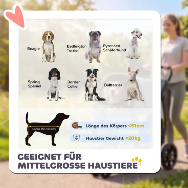 Opvouwbare Hondenwagen Met Wasbaar Kussen, Netvensters, 3 Wielen, Voor Middelgrote Honden Tot 20 Kg, Grijs