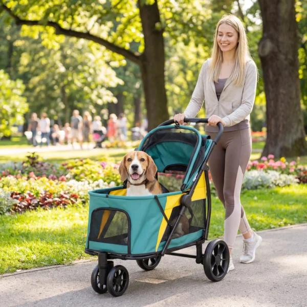 Opvouwbare Hondenwagen Tot 20kg Met Kussen, Netvensters, Rugtas, 92 X 63 X 95 Cm Donkergroen