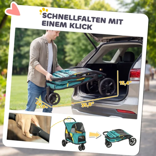 Opvouwbare Hondenwagen Tot 20kg Met Kussen, Netvensters, Rugtas, 92 X 63 X 95 Cm Donkergroen