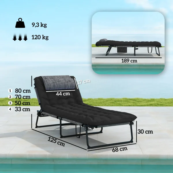 Opvouwbare Zonneligstoel Tuinligstoel Met Hoofdkussen, Ligstoel Met 4 voudig Verstelbare Rugleuning Zijtas Zwart
