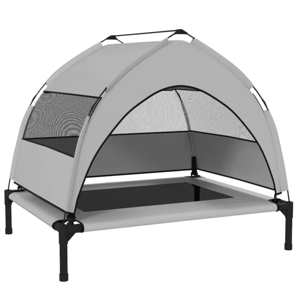 Outdoor Hondenligbed Met Dak, Verhoogd Hondenbed Voor Middelgrote Honden, Met Stalen Frame, 76x61x70cm, Lichtgrijs