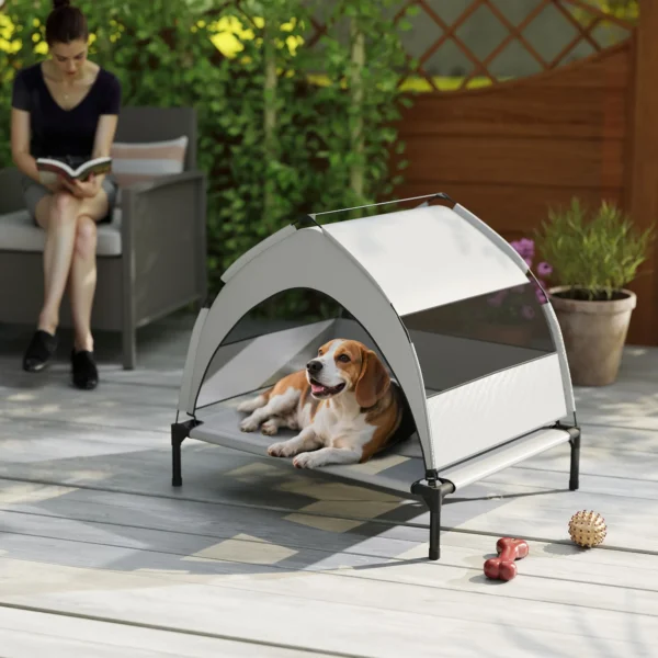 Outdoor Hondenligbed Met Dak, Verhoogd Hondenbed Voor Middelgrote Honden, Met Stalen Frame, 76x61x70cm, Lichtgrijs
