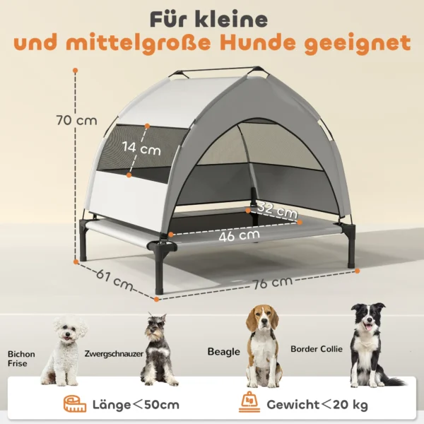 Outdoor Hondenligbed Met Dak, Verhoogd Hondenbed Voor Middelgrote Honden, Met Stalen Frame, 76x61x70cm, Lichtgrijs