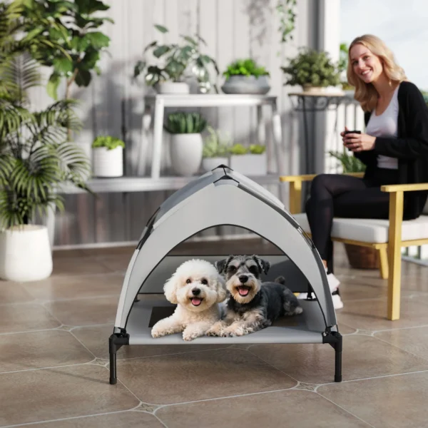 Outdoor Hondenligbed Met Dak, Verhoogd Hondenbed Voor Middelgrote Honden, Met Stalen Frame, 76x61x70cm, Lichtgrijs