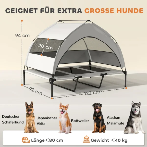Outdoor Hondenligstoel Met Dak, Verhoogd Hondenbed Voor Extra Grote Honden, Met Stalen Frame, 122x92x94cm, Lichtgrijs
