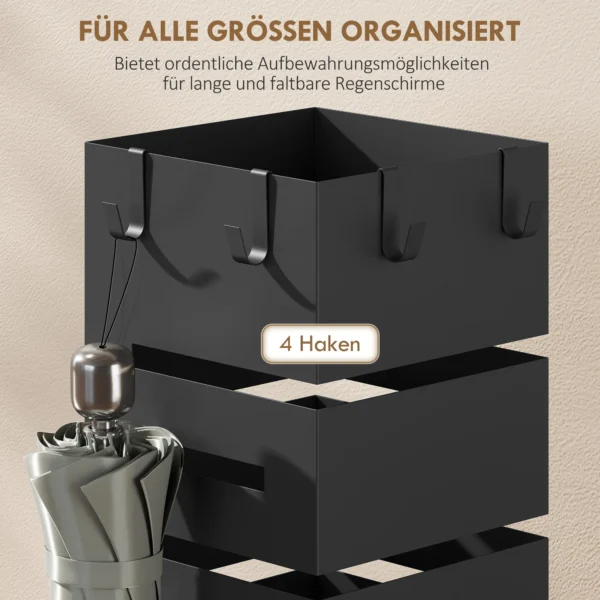 Paraplubak, Metalen Standaard Voor Paraplu's, Vrijstaande Paraplustandaard Met Haken En Druppelbakje, Ruimte Voor 8 Paraplu's, Zwart