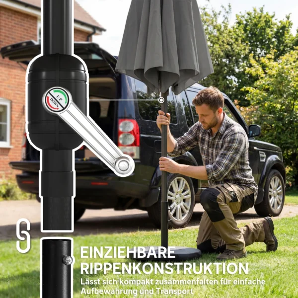 Parasol Ca. Ø300 Cm Kantelbaar Balkonscherm Met Zwengel Kruisvoet Zandzak, UV 30+ Intrekbaar Donkergrijs