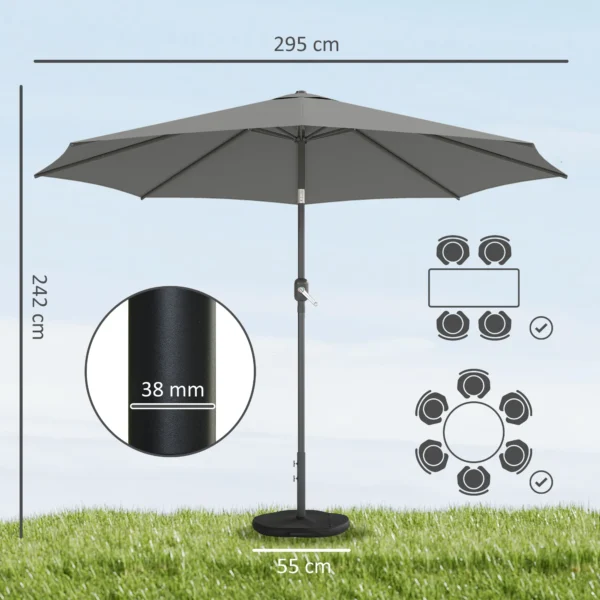 Parasol Ca. Ø300 Cm Kantelbaar Balkonscherm Met Zwengel Kruisvoet Zandzak, UV 30+ Intrekbaar Donkergrijs