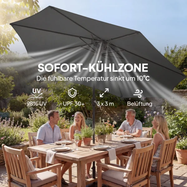 Parasol Ca. Ø300 Cm Kantelbaar Balkonscherm Met Zwengel Kruisvoet Zandzak, UV 30+ Intrekbaar Donkergrijs