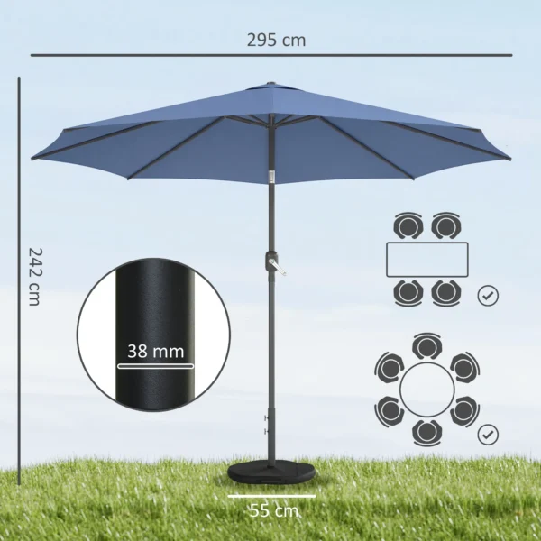 Parasol Ø295 Cm, UV 30+ Parasol Ronde Balkonparasol Strandparasol Marktparasol Voor Strand Balkon Tuin, Blauw