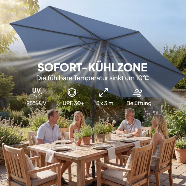 Parasol Ø295 Cm, UV 30+ Parasol Ronde Balkonparasol Strandparasol Marktparasol Voor Strand Balkon Tuin, Blauw