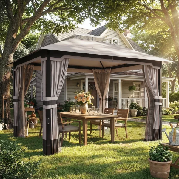 Paviljoen 3,6x3 M Waterafstotend Stabiel Winterbestendig Tuinpaviljoen Met Dubbeldak Muggennet Zijkanten Afvoergaten