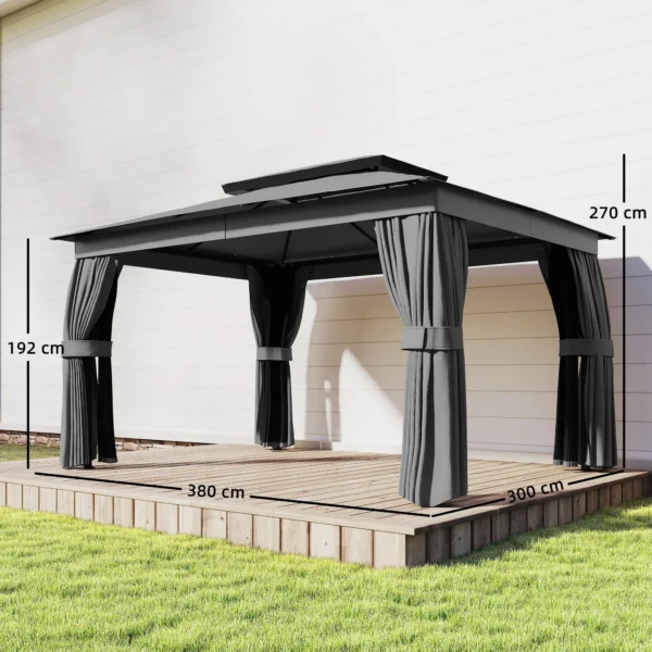 Paviljoen 3,8x3m Waterafstotend Stabiel Winterbestendig Tuinpaviljoen Met Dubbeldak Gordijnen Muggennet Haken Donkergrijs