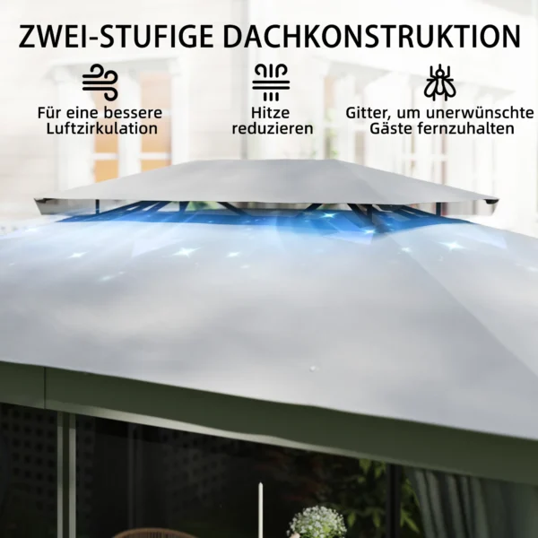 Paviljoen 3,8x3m Waterafstotend Stabiel Winterbestendig Tuinpaviljoen Met Dubbeldak Gordijnen Muggennet Haken Donkergrijs