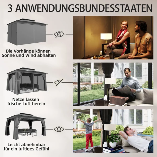 Paviljoen 3,8x3m Waterafstotend Stabiel Winterbestendig Tuinpaviljoen Met Dubbeldak Gordijnen Muggennet Haken Donkergrijs