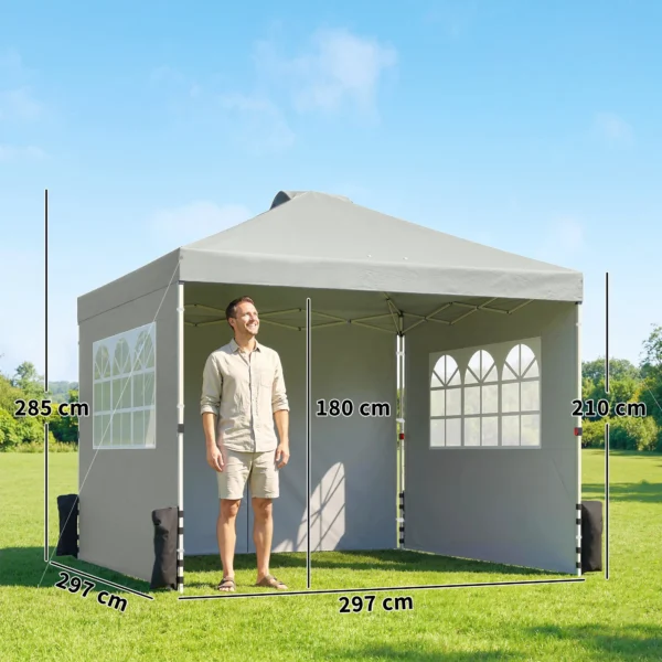 Paviljoen Ca. 3x3 M Waterdicht Hoogte Verstelbaar Pop up Vouwpaviljoen Met 3 Zijwanden Ramen Ventilatie, UV 50+ Lichtgrijs