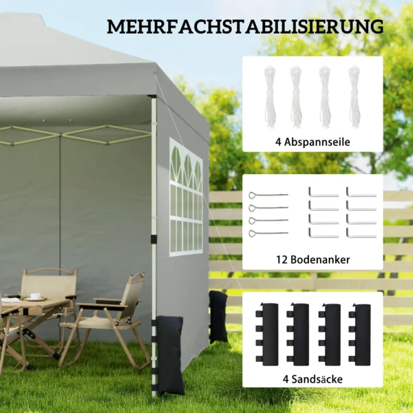 Paviljoen Ca. 3x3 M Waterdicht Hoogte Verstelbaar Pop up Vouwpaviljoen Met 3 Zijwanden Ramen Ventilatie, UV 50+ Lichtgrijs