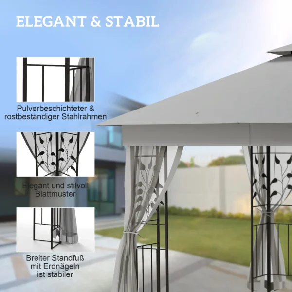 Paviljoen Met Dubbel Dak, 3x3 M Waterafstotend Stabiel Winterbestendig Tuinpaviljoen Met Muskietennet Lichtgrijs