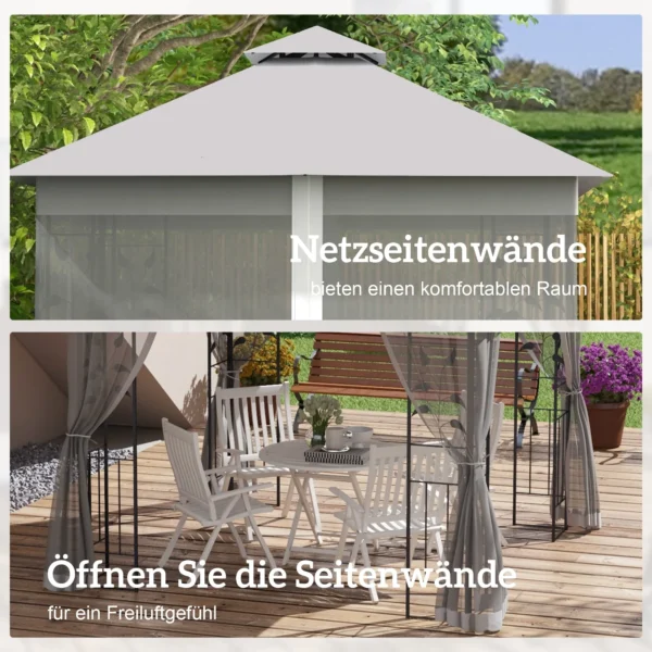 Paviljoen Met Dubbel Dak, 3x3 M Waterafstotend Stabiel Winterbestendig Tuinpaviljoen Met Muskietennet Lichtgrijs