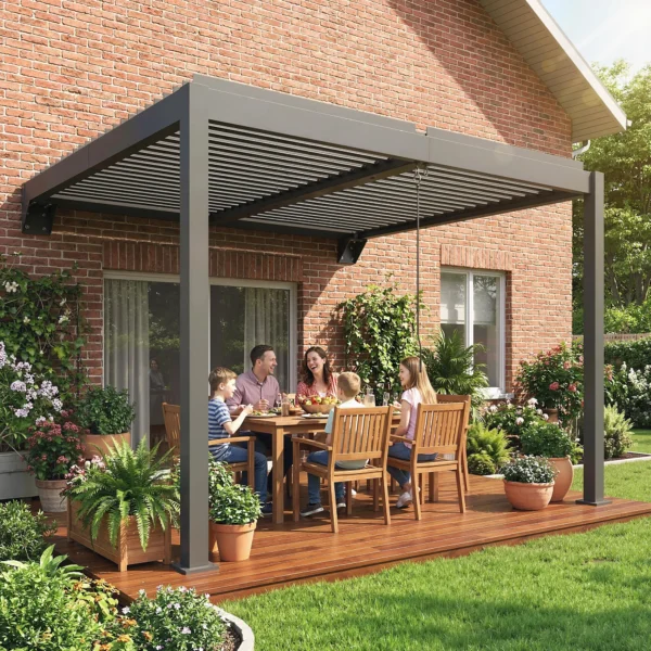 Pergola Ca. 3x3 M Aluminium Terrasoverkapping Met Verstelbaar Lamellendak Wandmontage Donkergrijs