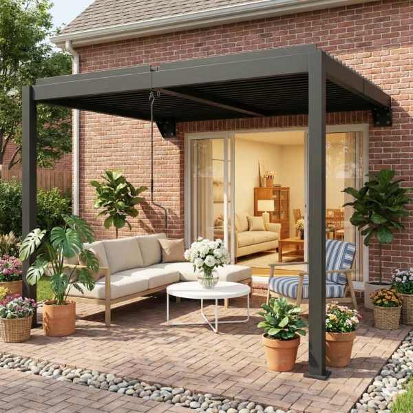 Pergola Ca. 3x3 M Aluminium Terrasoverkapping Met Verstelbaar Lamellendak Wandmontage Donkergrijs