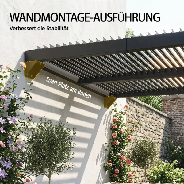Pergola Ca. 3x3 M Aluminium Terrasoverkapping Met Verstelbaar Lamellendak Wandmontage Donkergrijs
