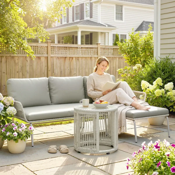 Polyrattan Tuinmeubelset 3 delig, Lounge Set Met Chaiselongue Tweezitsbank Glastafel Afneembare Kussens