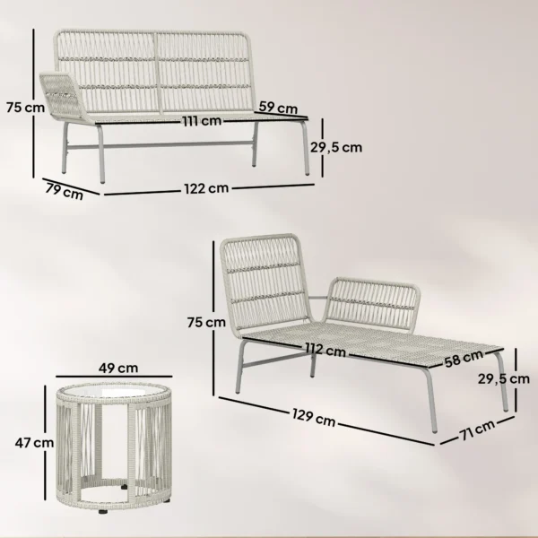 Polyrattan Tuinmeubelset 3 delig, Lounge Set Met Chaiselongue Tweezitsbank Glastafel Afneembare Kussens