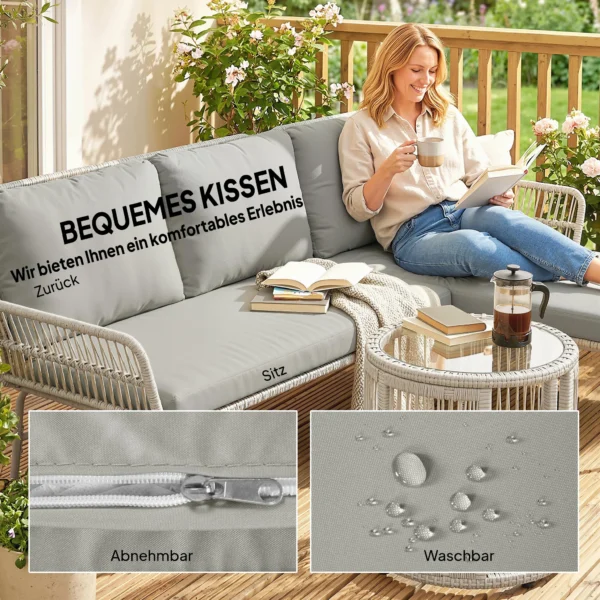Polyrattan Tuinmeubelset 3 delig, Lounge Set Met Chaiselongue Tweezitsbank Glastafel Afneembare Kussens