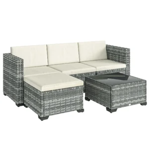 Polyrattan Tuinmeubelset 5 delig, Lounge Set Met Hoekbank Kruk Tafel Zit & Rugkussen Grijs+Cremewit
