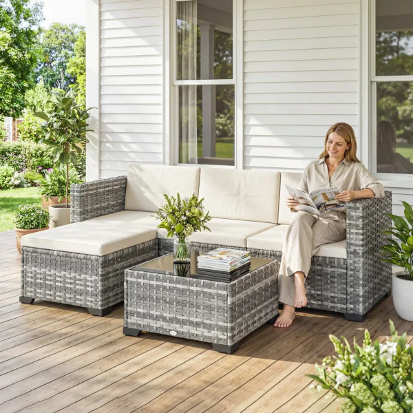 Polyrattan Tuinmeubelset 5 delig, Lounge Set Met Hoekbank Kruk Tafel Zit & Rugkussen Grijs+Cremewit