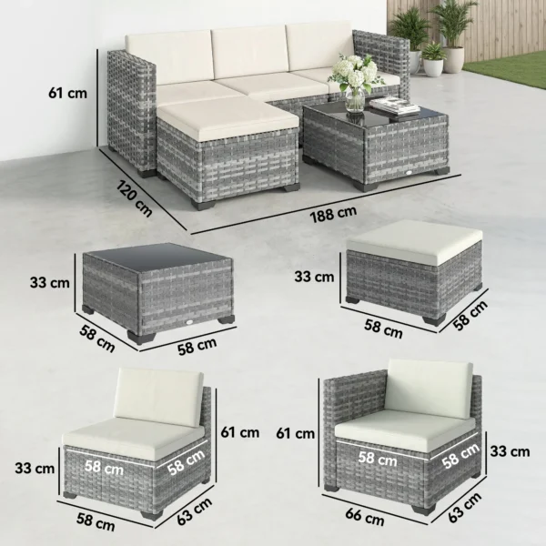 Polyrattan Tuinmeubelset 5 delig, Lounge Set Met Hoekbank Kruk Tafel Zit & Rugkussen Grijs+Cremewit