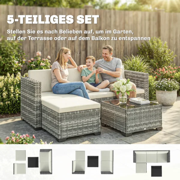 Polyrattan Tuinmeubelset 5 delig, Lounge Set Met Hoekbank Kruk Tafel Zit & Rugkussen Grijs+Cremewit
