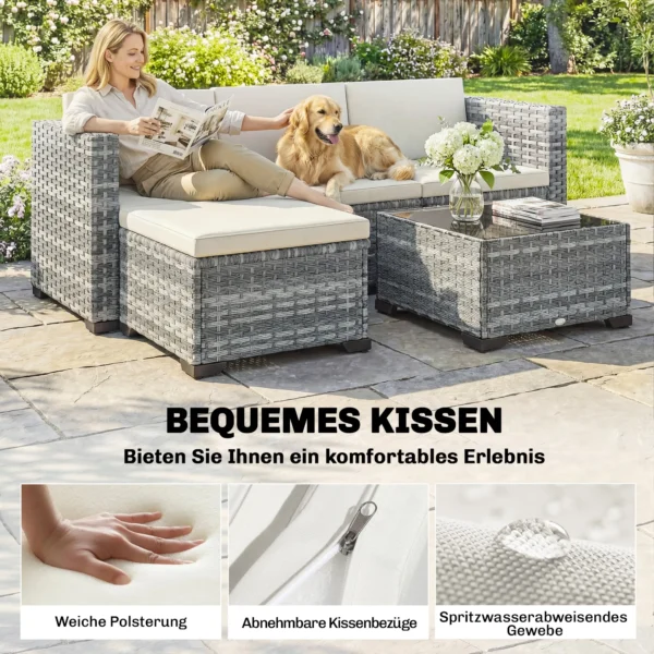 Polyrattan Tuinmeubelset 5 delig, Lounge Set Met Hoekbank Kruk Tafel Zit & Rugkussen Grijs+Cremewit