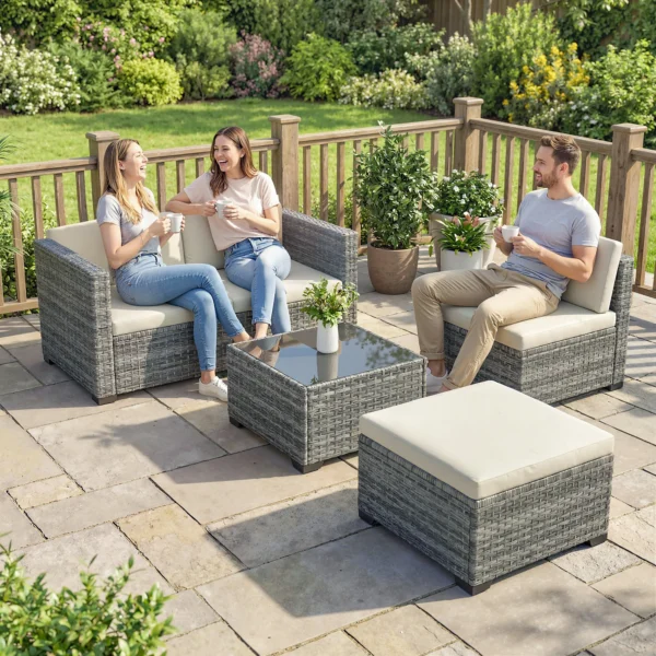 Polyrattan Tuinmeubelset 5 delig, Lounge Set Met Hoekbank Kruk Tafel Zit & Rugkussen Grijs+Cremewit