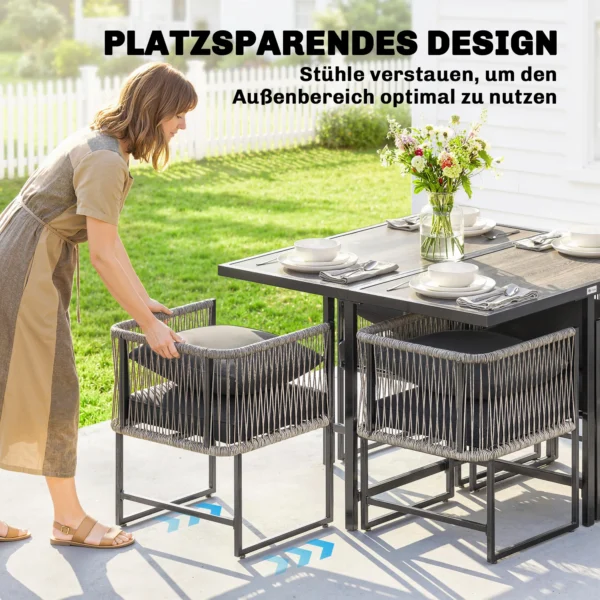 Polyrattan Tuinmeubelset 5 delig Ruimtebesparend Zitgroep Tafel Met 4 Stoelen DPC Tafelblad Kussens Grijs