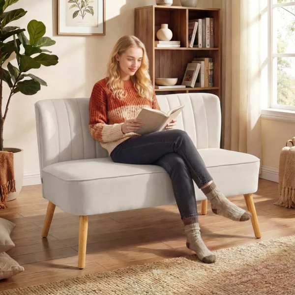 Retrodesign 2 zitsbank, Houten Poten, 117 Cm X 56,5 Cm X 77 Cm, Crèmewit