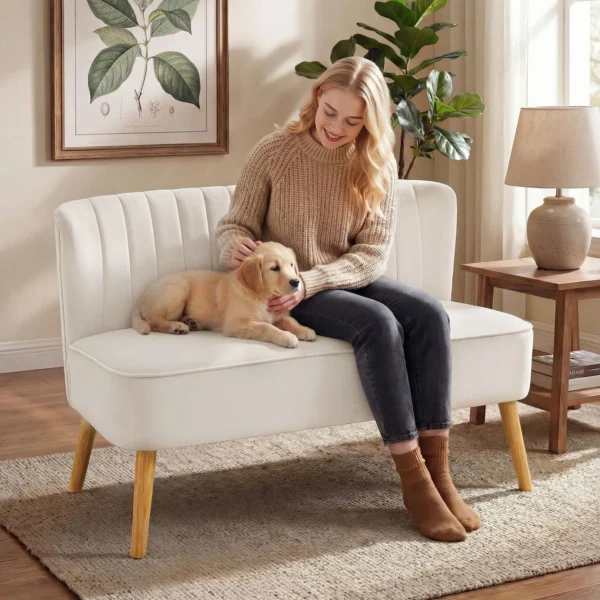 Retrodesign 2 zitsbank, Houten Poten, 117 Cm X 56,5 Cm X 77 Cm, Crèmewit