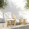 Rieten Bistro Set, 3 delige Tuinmeubelset Met Ronde Glazen Tafel, Stoelen En Kussens, Crème Wit